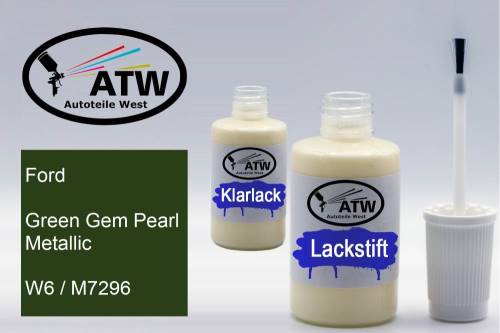 Ford, Green Gem Pearl Metallic, W6 / M7296: 20ml Lackstift + 20ml Klarlack - Set, von ATW Autoteile West.
